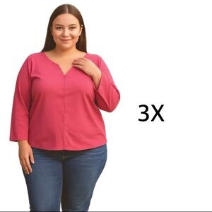 Terra & Sky V Neck Pink Coral Blouse – 3/4 Sleeve, 3X